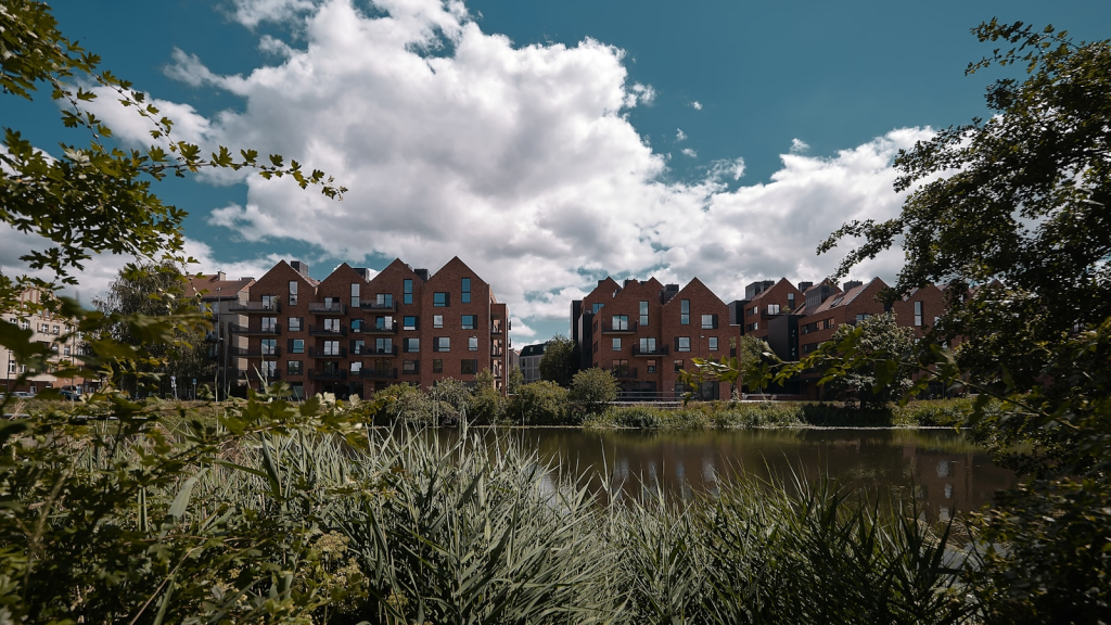 a body of water with buildings along it